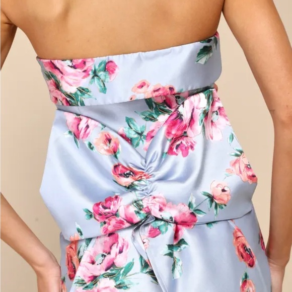NWT Luxe Wonder Light Blue Floral Taffeta Strapless Bow Mini Dress - Picture 2 of 4